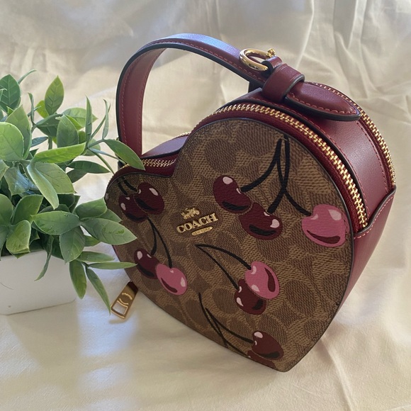 Coach Handbags - Coach Cherry Print Heart Bag - Brown and Red